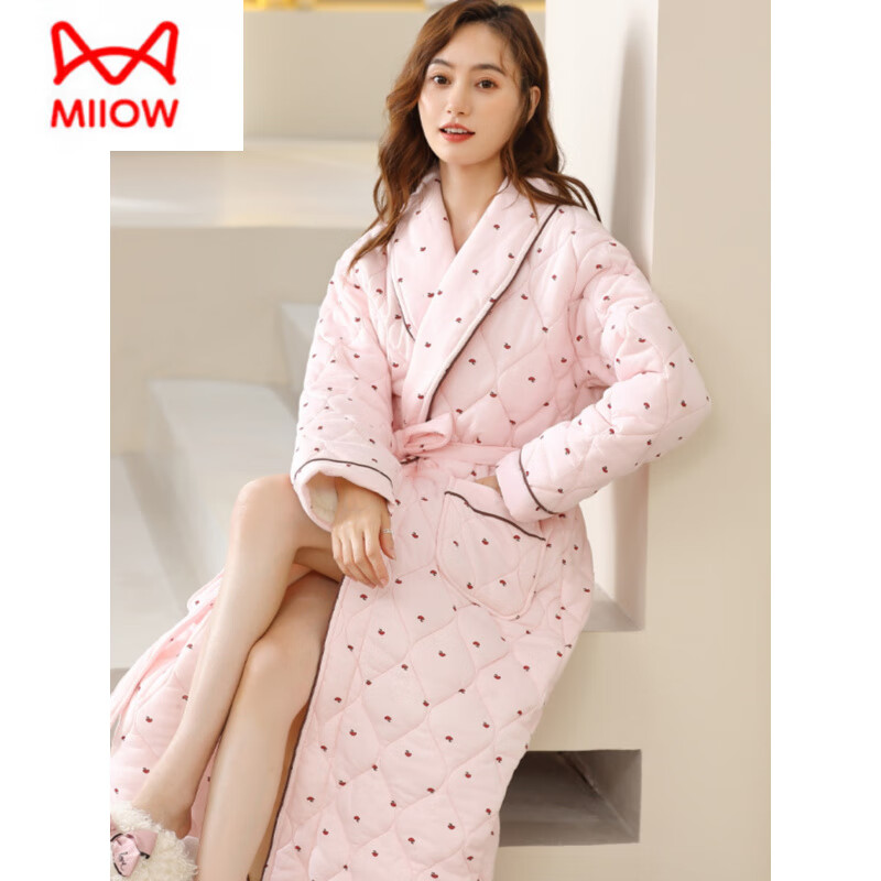 猫人（MiiOW）纯棉睡袍女士加厚连体睡衣秋冬季保暖浴袍中年妈妈三层夹棉家居服 SP001 L 建议110-120斤