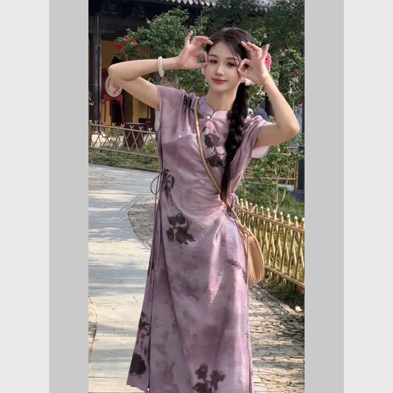 酷章（KUZHANG）新中式女裝國(guó)風(fēng)紫色印花連衣裙女清冷松弛感穿搭裙褲套裝2025新款 紫色連衣裙 S