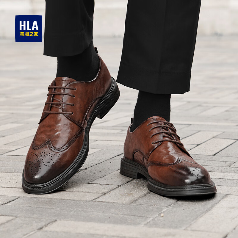 海澜之家皮鞋男鞋2026新款复古英伦风男士商务正装皮鞋头层牛皮软底皮鞋男 棕色 44