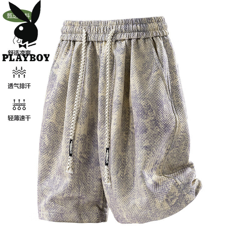 花花公子(PLAYBOY)美式扎染休闲短裤男士夏季宽松运动冰感透气运动五分裤 深灰色 4XL