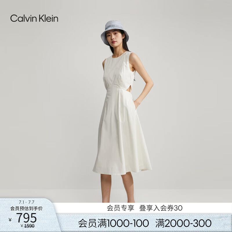 Calvin KleinJeans夏季女士休閑氣質(zhì)通勤ck系帶露腰刺繡無袖連衣裙J221175
