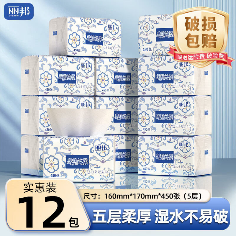丽邦（Libang）大包抽纸加厚餐巾纸家用大号面巾纸母婴用纸整箱批发商超同款 5层 450张*12包