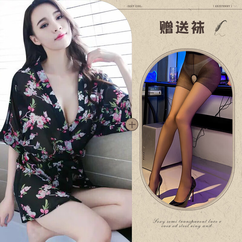 夜聽(tīng)香性感睡衣女夏短袖極度誘惑透明薄紗情趣睡衣透明雪紡清新韓版碎花 黑色+黑開(kāi)檔襪 均碼