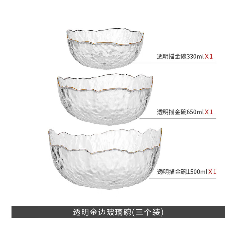 川島屋（KAWASIMAYA）川島屋日式金邊透明水晶玻璃碗家用大號水果盤(pán)玻璃器皿蔬菜沙拉碗 金邊沙拉碗三祇裝掌柜