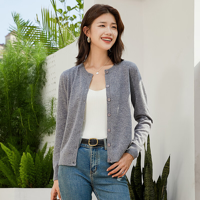 恒源祥纯色圆领羊毛衫女开衫秋冬新款毛衣外套时尚外穿纽扣insV领针织衫 烟灰色 M /165/88A