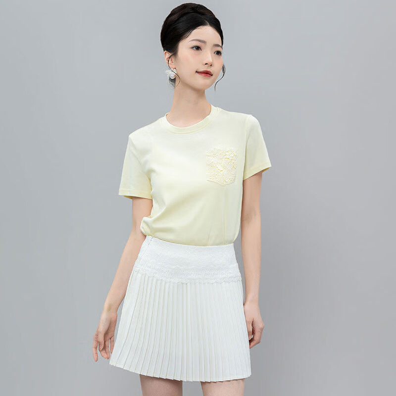 OO&VV设计感短袖T恤女2025夏新款圆领宽松性感蕾丝露背刺绣上衣 日光黄 L 京东折扣/优惠券
