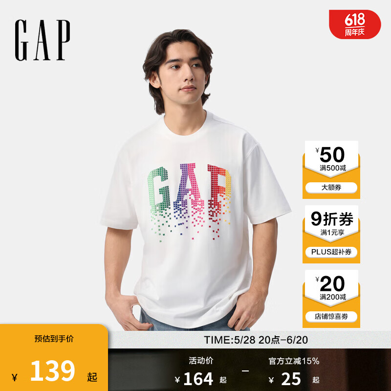 Gap男女裝2025夏季新款純棉彩色十字繡logo短袖T恤寬松上衣729238 白色 L (175/96A) 亞洲尺碼