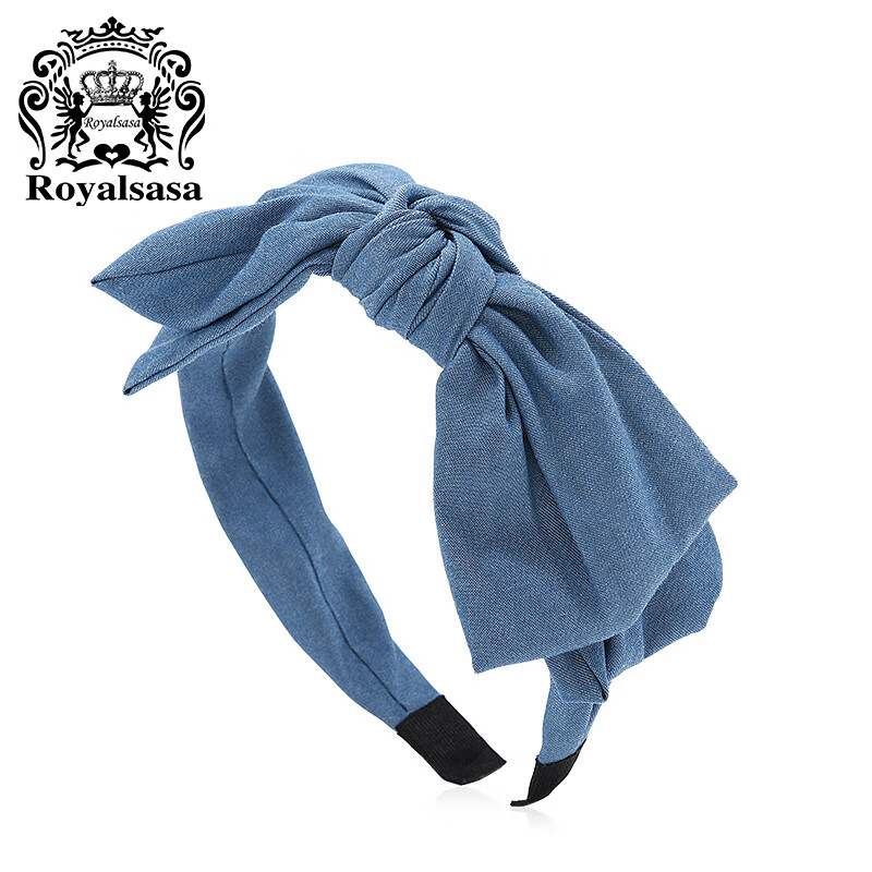 Royal sasa莎莎雙層大蝴蝶結發(fā)箍時尚頭飾牛仔布藝頭箍條紋寬邊發(fā)飾發(fā)卡 純色款深A