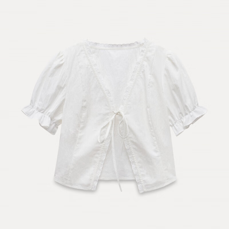 EGGKA泡泡袖短款系帶白色小衫+內(nèi)搭吊帶背心女夏法式開衫V領(lǐng)上衣 白色 S