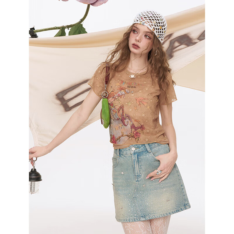 妖精的口袋印花网纱短袖t恤女2025年夏季新款设计感修身小众上衣 小王子星星灰黄色 S