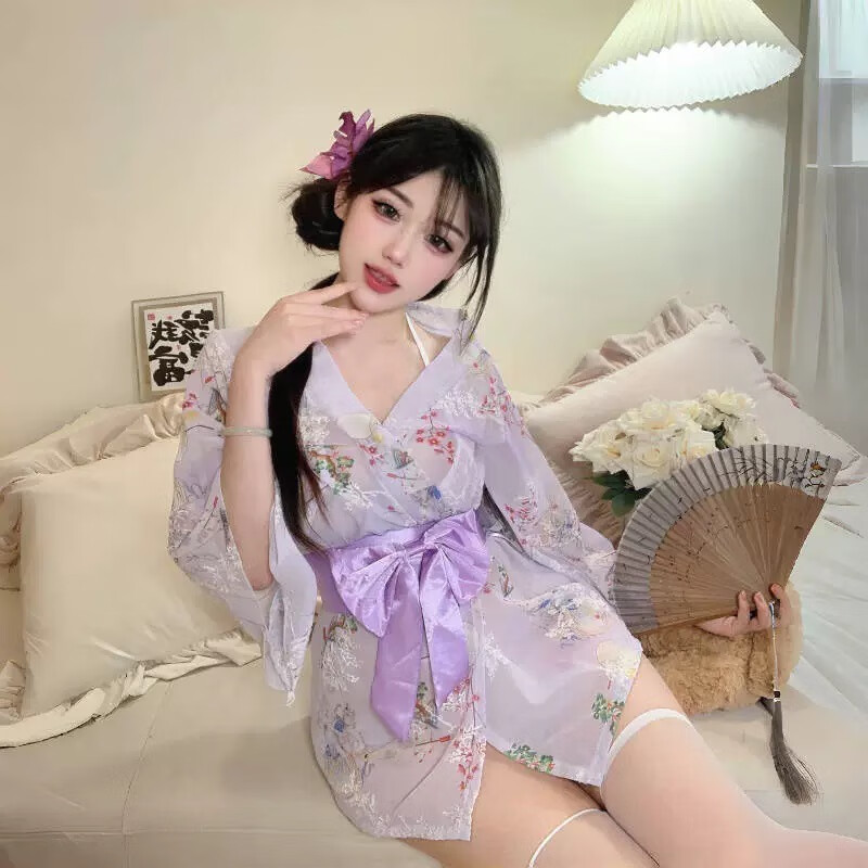 性感大码情趣内衣调情高档户外可穿丝袜和服sm羞耻大尺度房事战袍 紫色和服+白丝袜 均码(80-130斤)