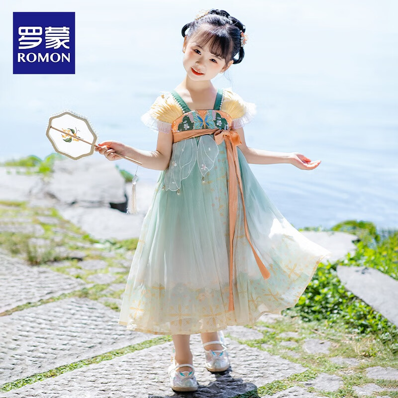 罗蒙女童汉服夏季款2026款儿童中国风原创齐胸襦裙唐装毕业演出服 HQ1200 锦缎绿襦裙 110
