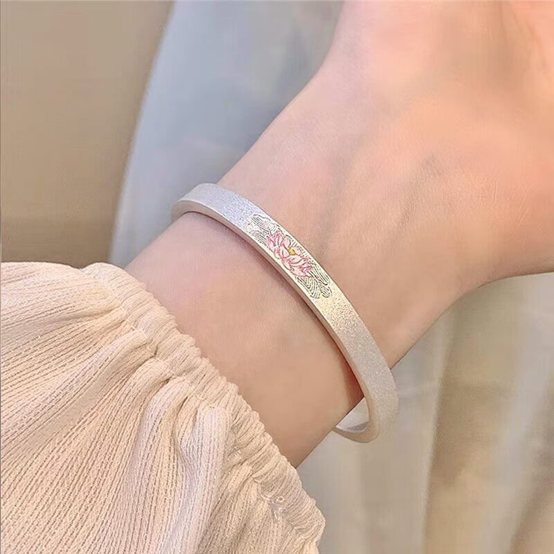 珐琅彩莲花纯银手镯女新中式古法实心开口9999足银镯子荷花 30描金吉言猫 【送证书精