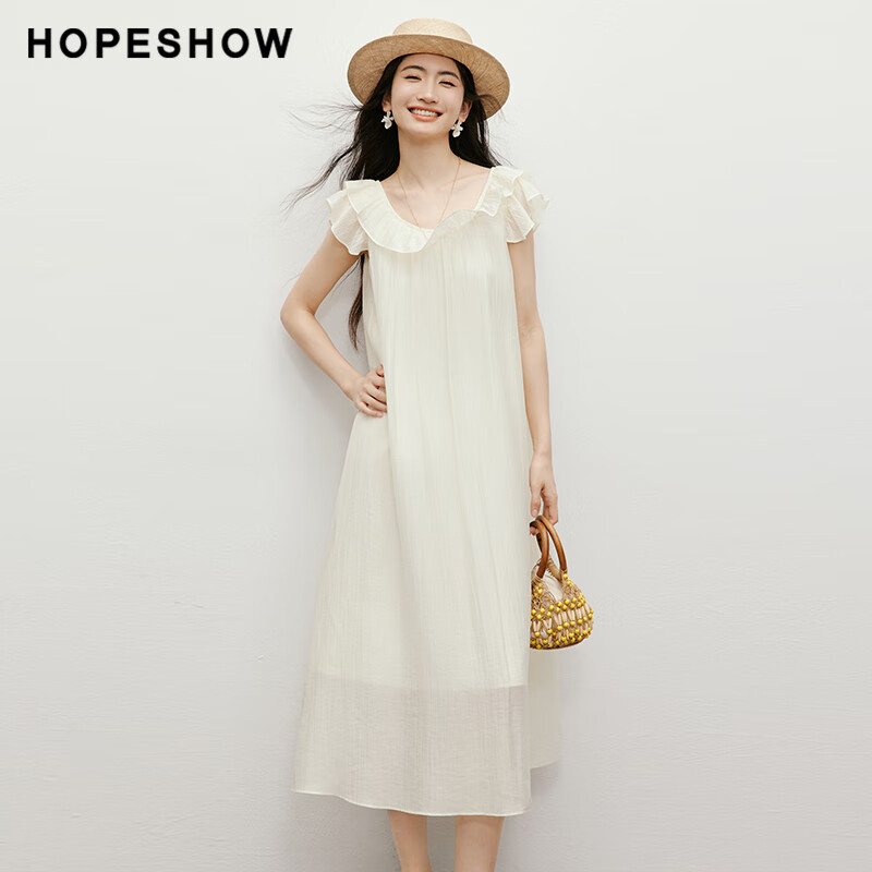 紅袖（hopeshow）甜美連衣裙夏季新款肌理大圓領(lǐng)漂亮裙子七夕 米白004 S
