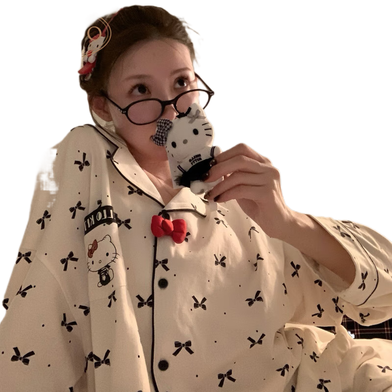 果殼（Gukoo）睡衣女春秋HelloKitty聯(lián)名抗靜電純棉家居服 KT襯衫領(lǐng)女套裝 S