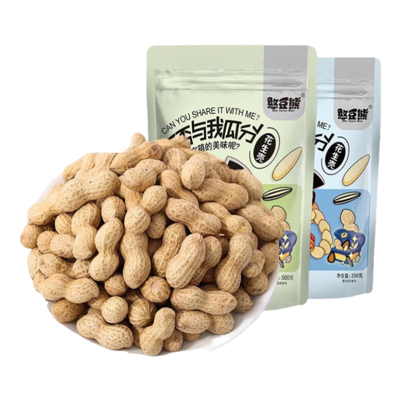 憨豆熊 蒜香花生500g袋装奶香熟带壳炒货花生多味休闲坚果下酒花生 2斤【蒜香*1+奶香味*1】共500g*2