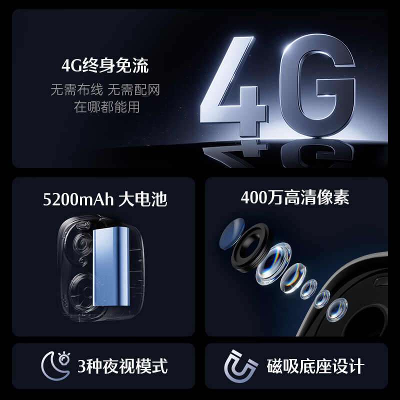 德施曼智能摄像头 4G低功耗终身免流量 家用摄像机 磁吸免打孔 智能安防设备 监控设备 B10 摄像头+256G内存卡
