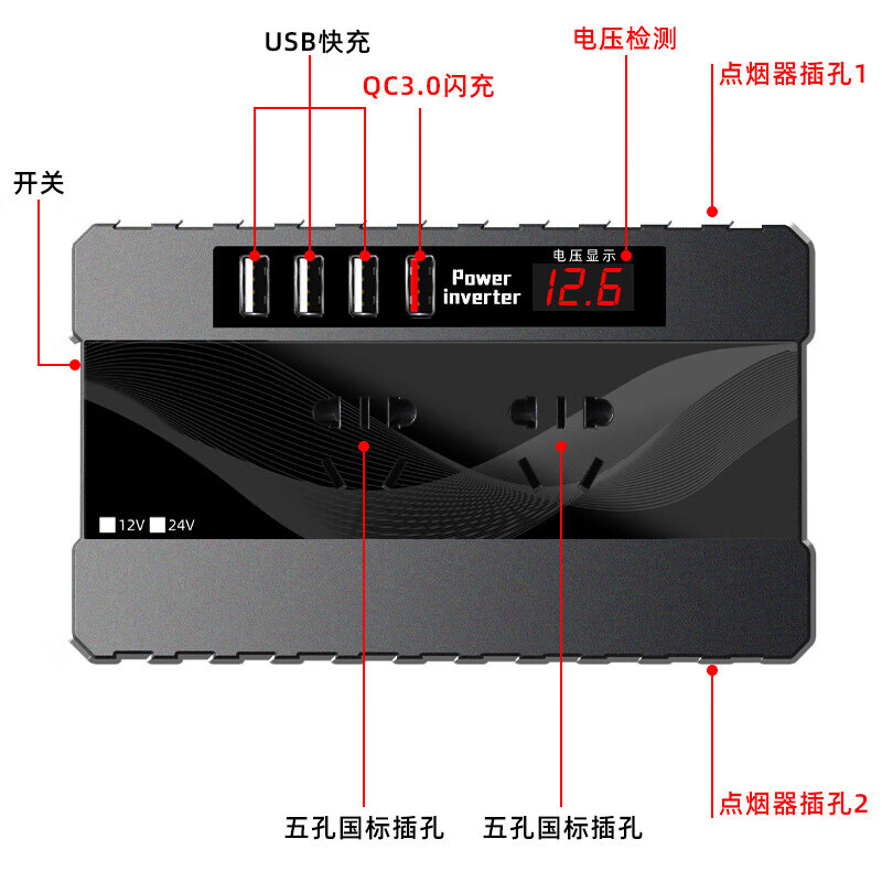 山头林村通用车载逆变器12v24v转220v大功率1500w转换器点烟充电器电瓶 直流电车载专用200W