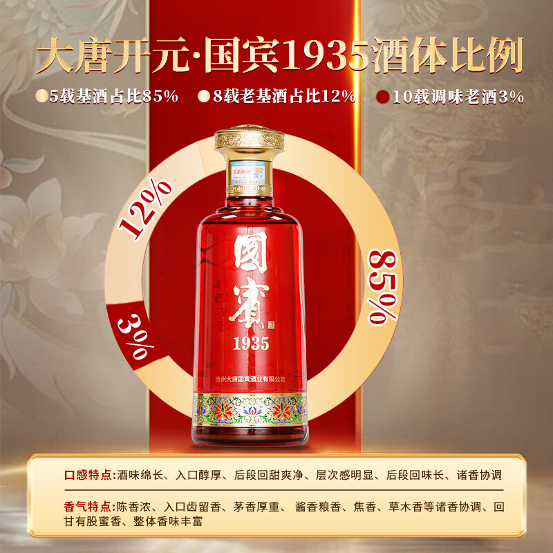 大唐开元茅台镇贵州国宾1935酱香型53度白酒纯粮食高粱原浆坤沙酱酒礼盒装 53度 500mL 6瓶 整箱（送3个礼品袋）