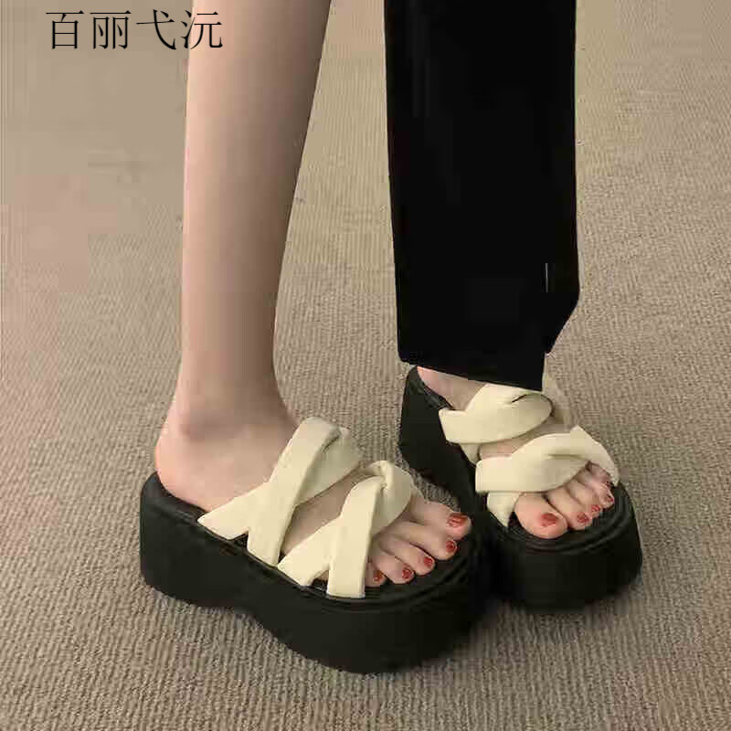 百丽弋沅厚底高级绝美拖鞋女夏季2025新款百搭休闲外穿厚底增高凉鞋女鞋 米白色 35 标准码