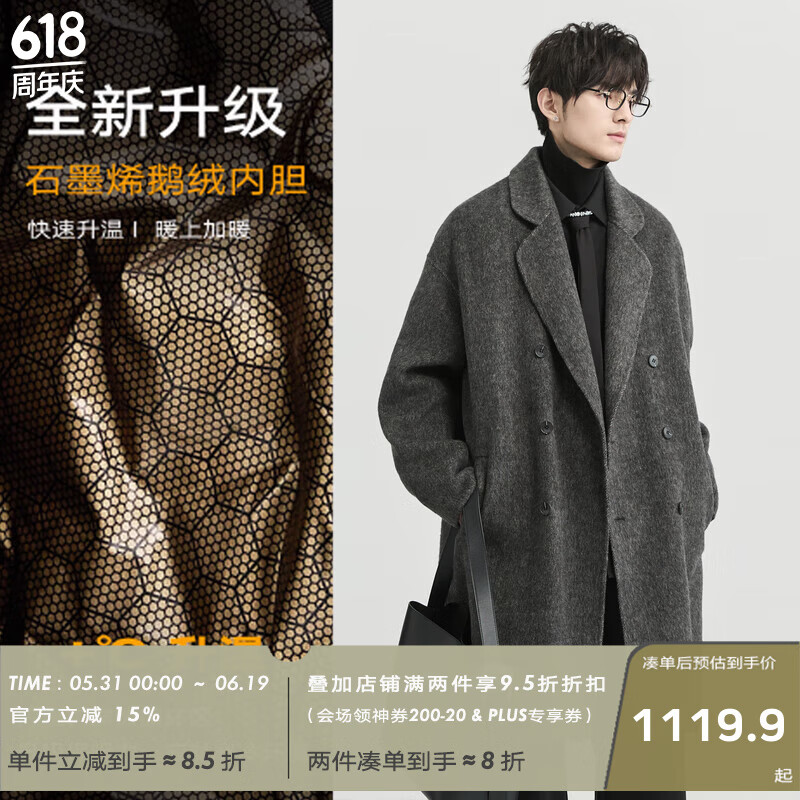 伯爵卓爾【駱駝絨/鵝絨內(nèi)膽】羊毛混紡呢大衣男中長(zhǎng)款2024冬季新款P451993 高級(jí)灰（石墨烯鵝絨內(nèi)膽） L (175)