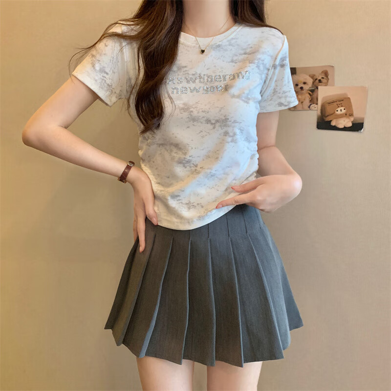 以纯yishion官网夏季新款女装圆领正肩收腰印花潮流短袖 白色 s