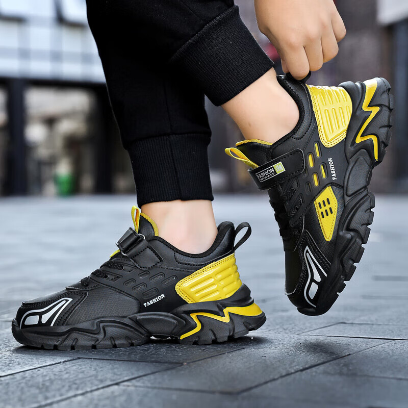 贝天熊儿童运动鞋秋冬款中大童透气网面跑步运动鞋男女童革面魔术贴童鞋 BJL2022黑黄【四季革面】 37 内长23.3/脚22.3