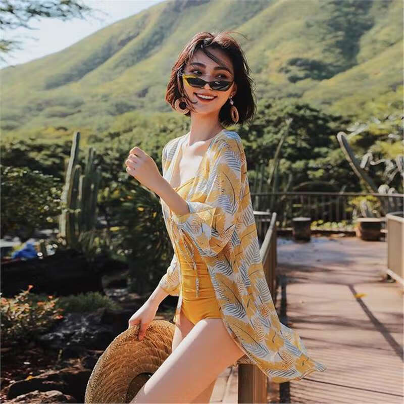 亦美珊性感連體款罩衫兩件套度假夏日氣質(zhì)女款泳衣泳裝 黃色【內(nèi)搭+罩衫】 XL （130斤以內(nèi)）
