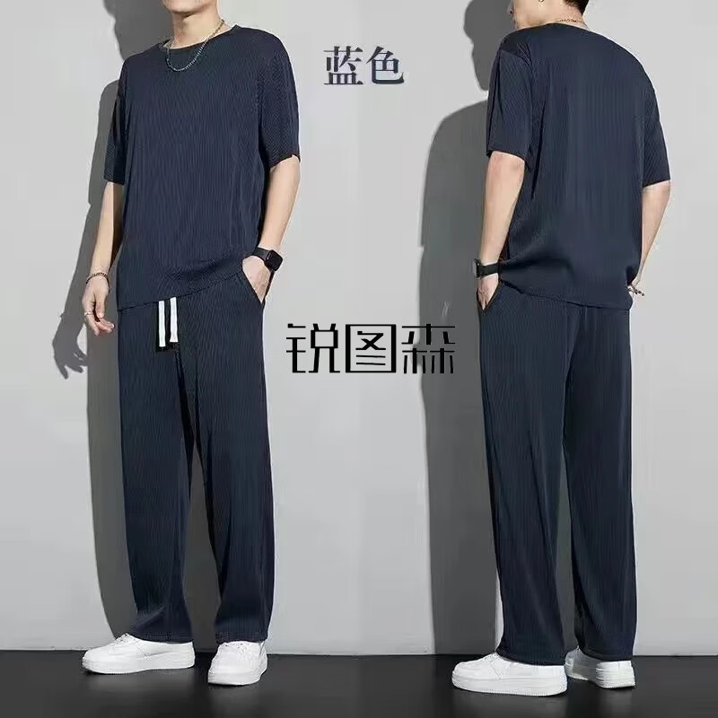 锐图森热销爆款冰丝罗纹套装夏季冰丝运动套装男垂感速干短袖长裤两件套 黑色 XL（建议110-130斤）