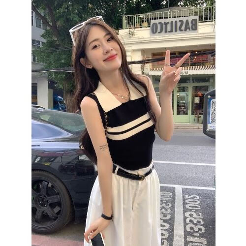 潮梦城小香风条纹针织吊带背心女夏季外穿修身显瘦内搭打底无袖t恤上衣 黑色 S