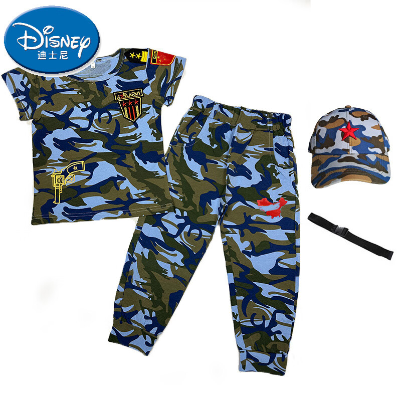 迪士尼（Disney）兒童夏季短袖迷彩服套裝2025新款男孩軍小孩運(yùn)動(dòng)裝海軍訓(xùn)服 海軍上衣長(zhǎng)褲+腰帶+帽子 110 cm