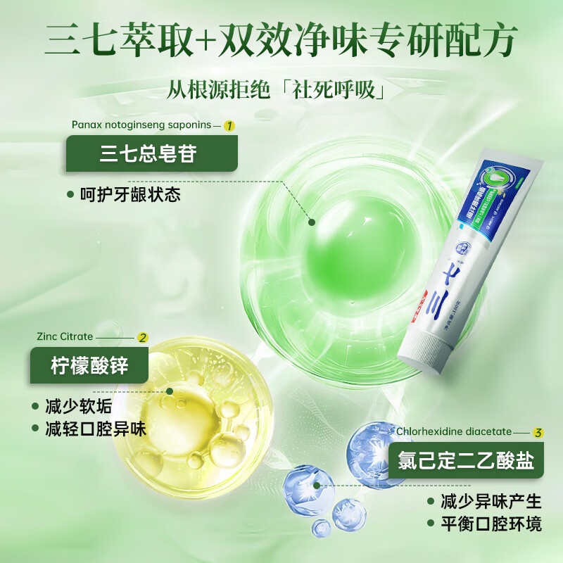 三七云南三七清火护龈去口臭牙膏套装洁净去软垢减轻牙龈问题 三七清口气牙膏110g*4