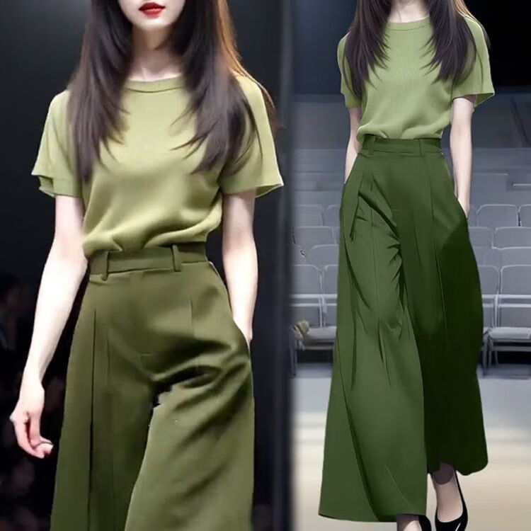 芳透套装女士夏季时尚新款气质短袖T恤上衣阔腿裤大码显瘦两件套 绿色上衣+墨绿色裤子 S