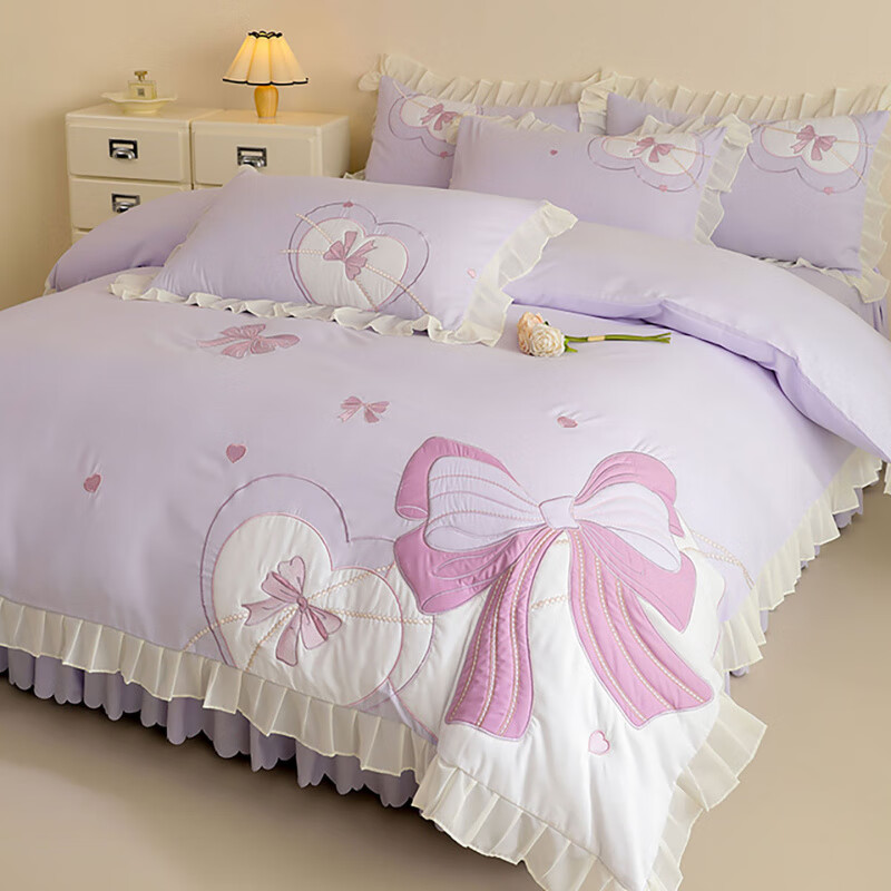 诸禄儿童磨毛床裙款四件套女孩亲肤贴布绣蝴蝶结被套单人女童2025新款 浪漫告白-紫 床单款 2.0m床单四件套被套220*2