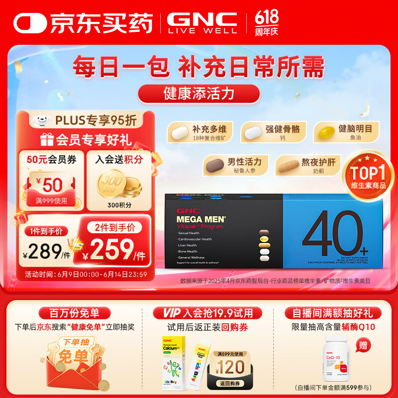 GNC健安喜每日营养包30包/盒 男士40+ 复合维生素含鱼油奶蓟维生素b