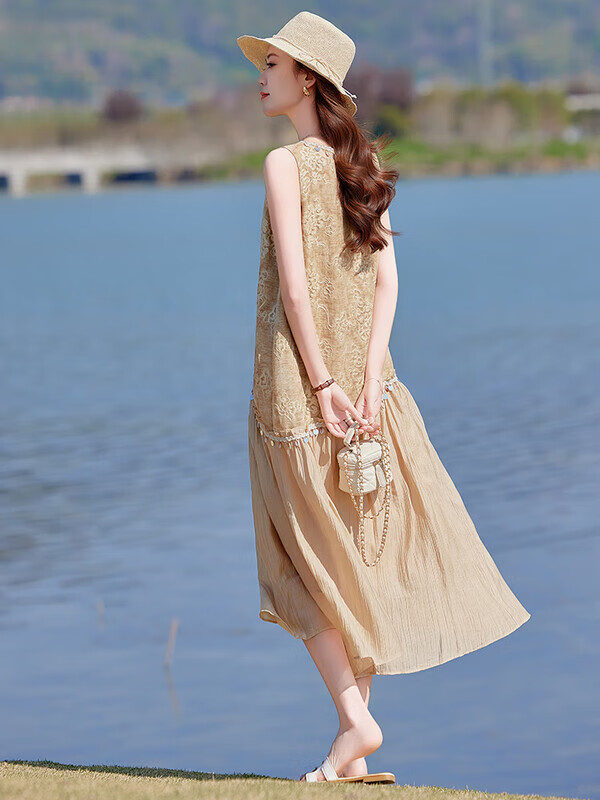 罗蒙（ROMON）高端亚麻棉麻无袖背心连衣裙女夏新款高级感海边度假显瘦雪纺长裙 蓝色 M  （100斤以内）