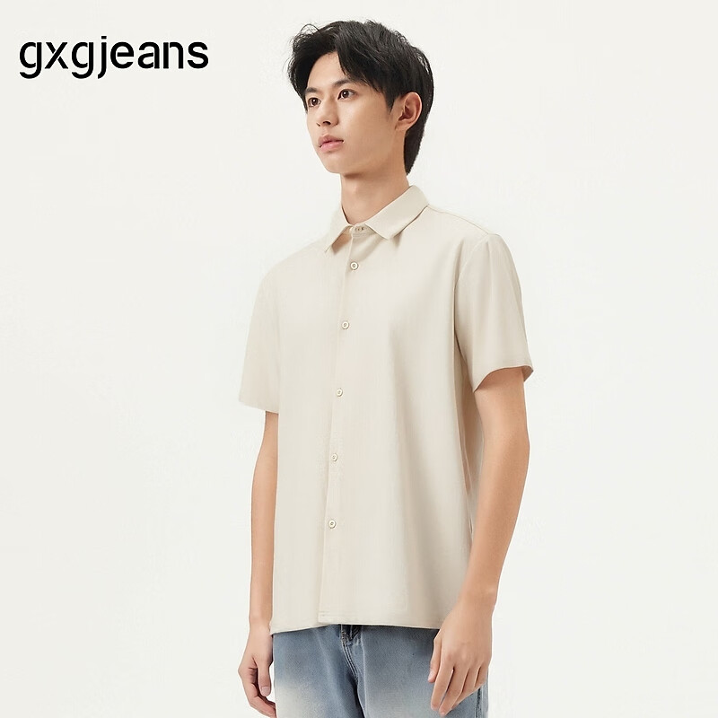 gxgjeans【服装五折】男装 米色宽松基础休闲短袖衬衫男士薄款 25年夏新品 浅米色 L (175)