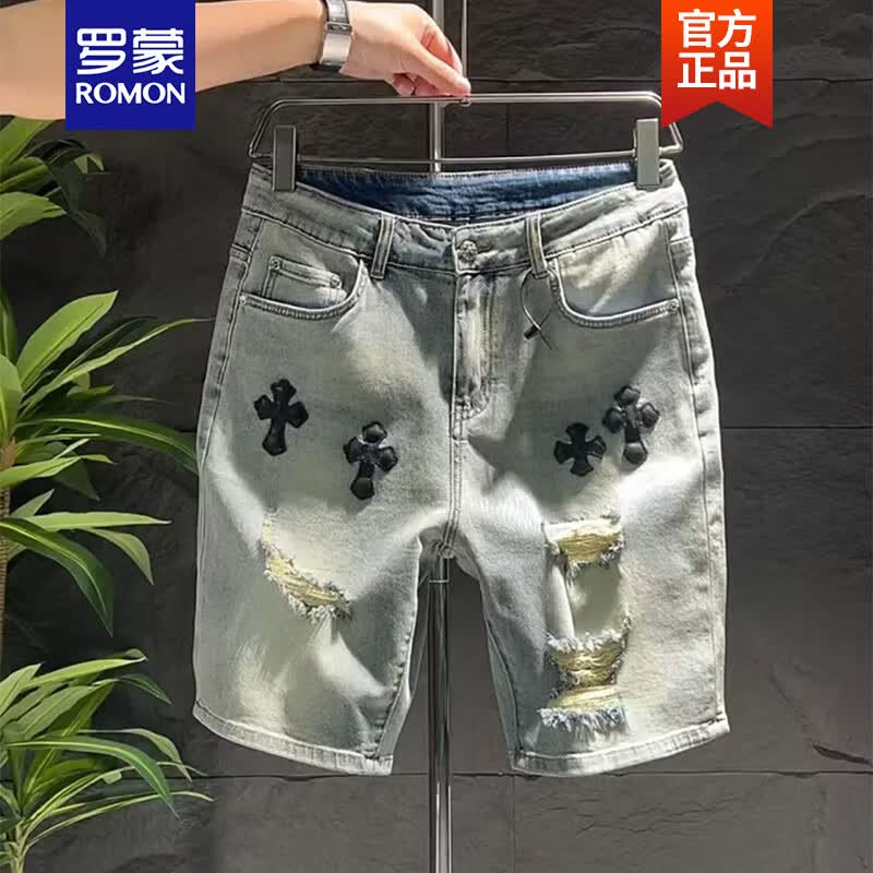 罗蒙(ROMON)夏季复古水洗破洞牛仔短裤男士百搭休闲五分裤时尚宽松中裤子新品 浅蓝色 31 京东折扣/优惠券