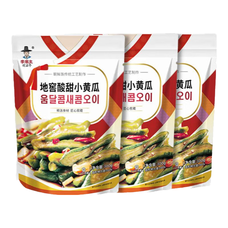 李窖主延邊特產(chǎn)朝族韓式泡菜下飯咸菜風(fēng)味泡菜辣白菜桔梗酸甜黃瓜茄子干 酸甜小黃瓜300g*3袋