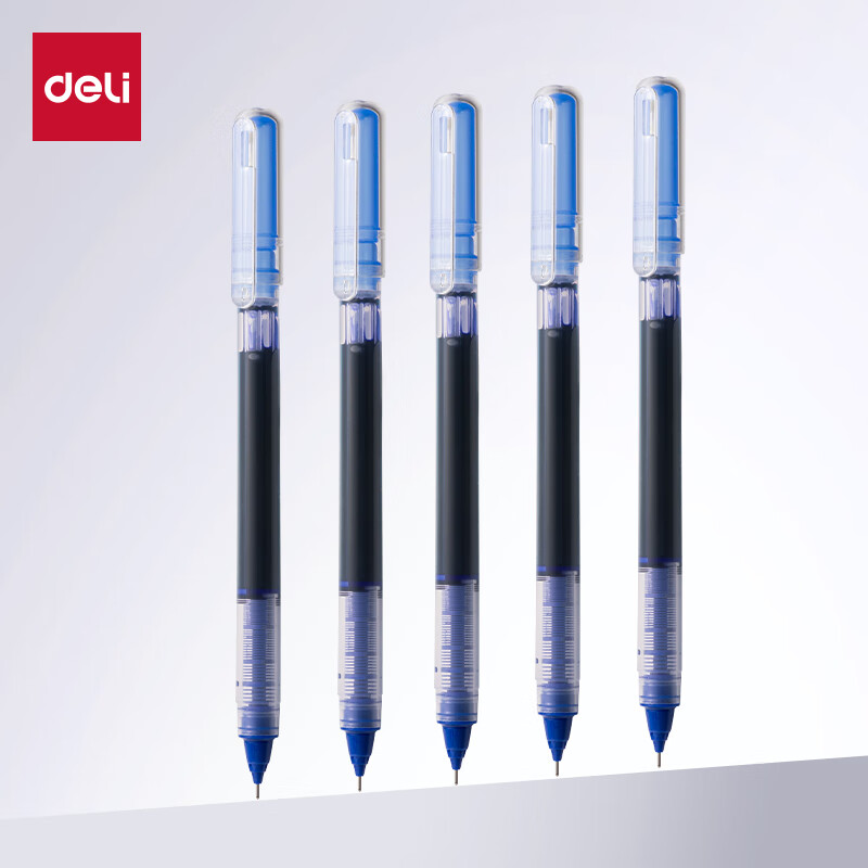 得力（deli）直液笔速干笔签字笔 全针管中性笔 商务办公学生考试刷题笔水笔走珠笔 书写不脏手 【升级款】0.5mm蓝色 12支/盒