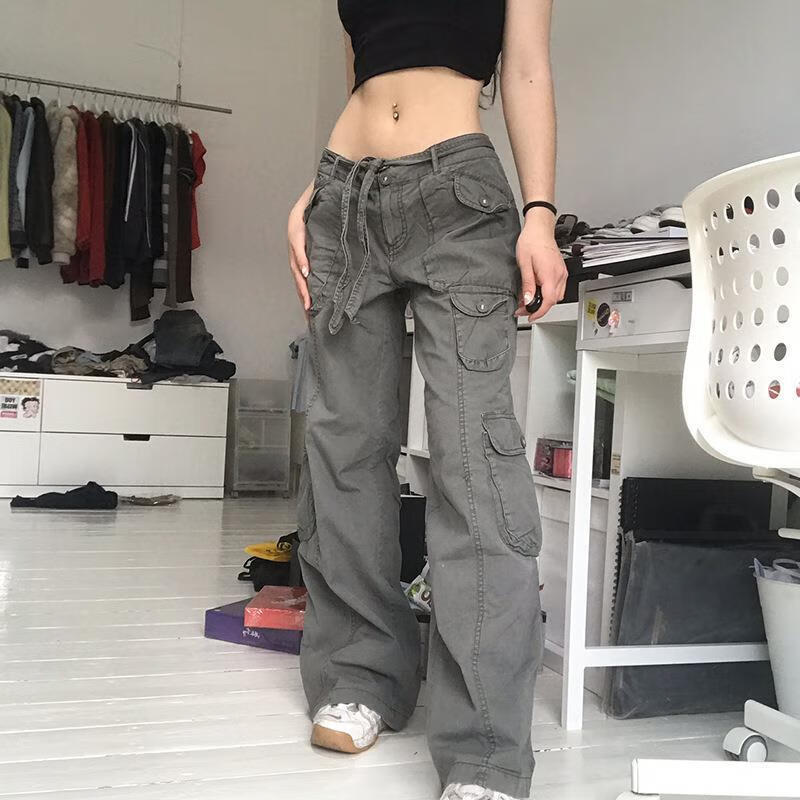 歐美風(fēng)寬松闊腿褲高腰設(shè)計工裝長褲灰色潮流女裝 灰色 S