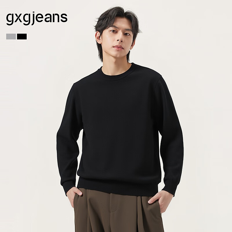 gxg.jeans男装*  多色基础内搭简约打底圆领毛衣线衫男 25年秋新品 黑色 L (175)
