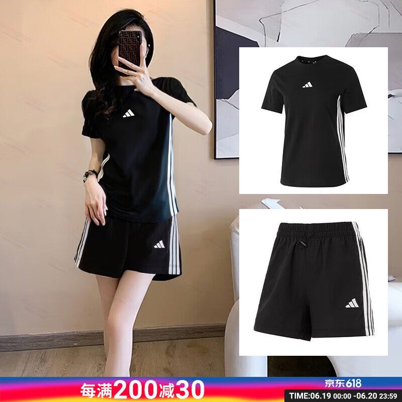 阿迪达斯（adidas）运动套装女 2025夏季新款时尚休闲透气短袖T恤 高腰短裤子两件套 黑色/JD0846+JE1309 XL