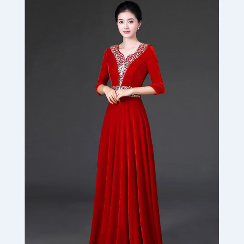 歆栩民国风连衣裙小洋装新款大合唱演出服礼服女长裙金丝绒大摆裙红歌