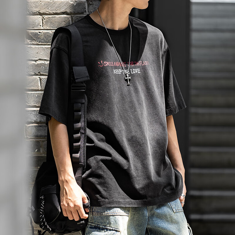 Mr.A美式复古纯色印花T恤宽松涂鸦短袖圆领休闲半袖男士夏季 MRA男装  水洗黑 2XL