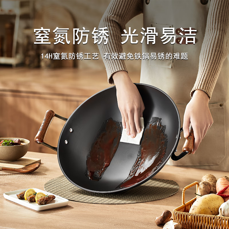 炊大匠铁锅陆川铸铁锅炒锅家用手工无涂层双耳圆底不粘炒菜锅燃气灶适用 【已开锅】圆底+盖铲 42cm 无涂层更健康丨双重防锈丨不易粘