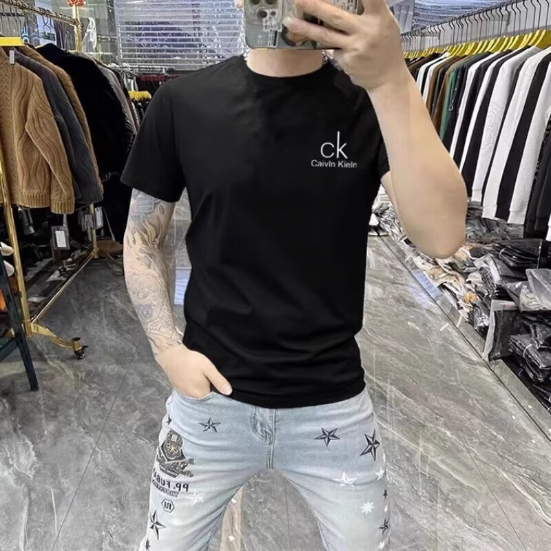 CALVIN KLEIN JEANS夏季CK短袖T恤男士修身纯棉圆领休闲大码上衣 黑色款式8 6XL 建议【200-215】斤