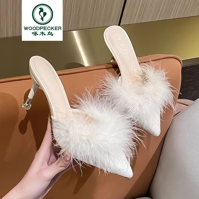 啄木鳥(niǎo)包頭涼鞋女春尖頭細(xì)跟毛毛鞋一腳蹬外穿穆勒半拖法式加絨高跟鞋 米色【更舒適】 6cm 34