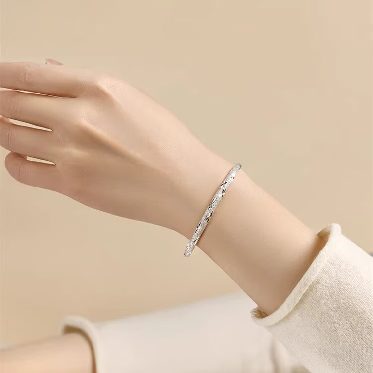 满天星纯银手镯女9999足银实心可调节推拉镯子送妈妈女友 繁花25 送礼盒+证书