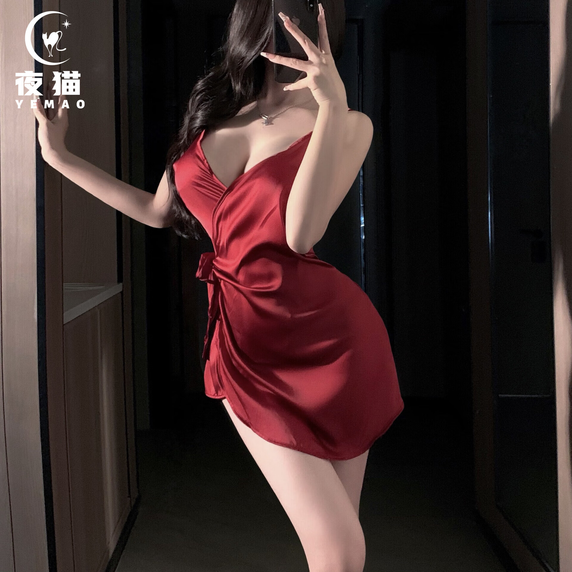 情趣内衣甜辣纯欲风刺绣收腰显瘦包臀碎花吊带裙 性感深V纯欲风吊带睡衣 酒红色 均码